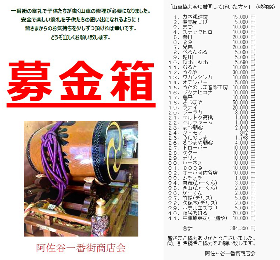 一番街山車の修理募金箱