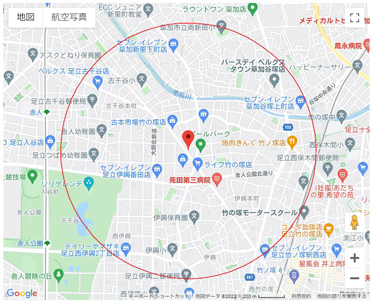 東京都足立区東伊興1-7-7から 4km圏内